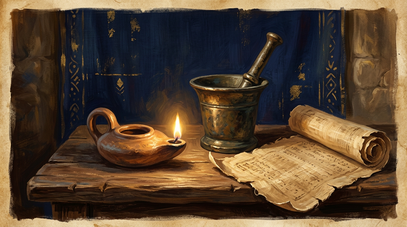 An ancient clay oil lamp and a doctor's mortar and pestle resting on a papyrus scroll, symbolizing the Gospel of Luke.