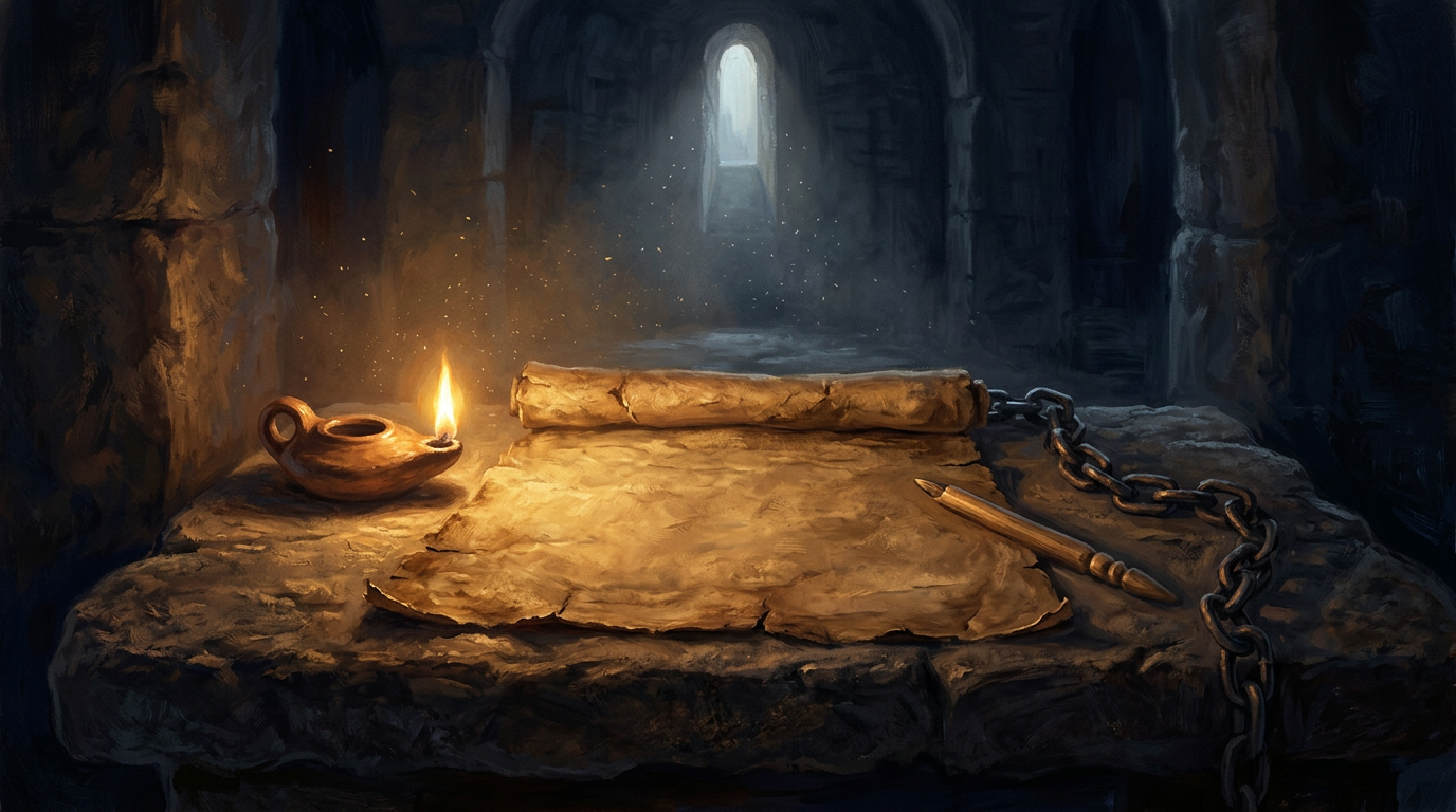 An ancient scroll and iron chain on a stone table in a dimly lit Roman cell, representing Paul's final letter.