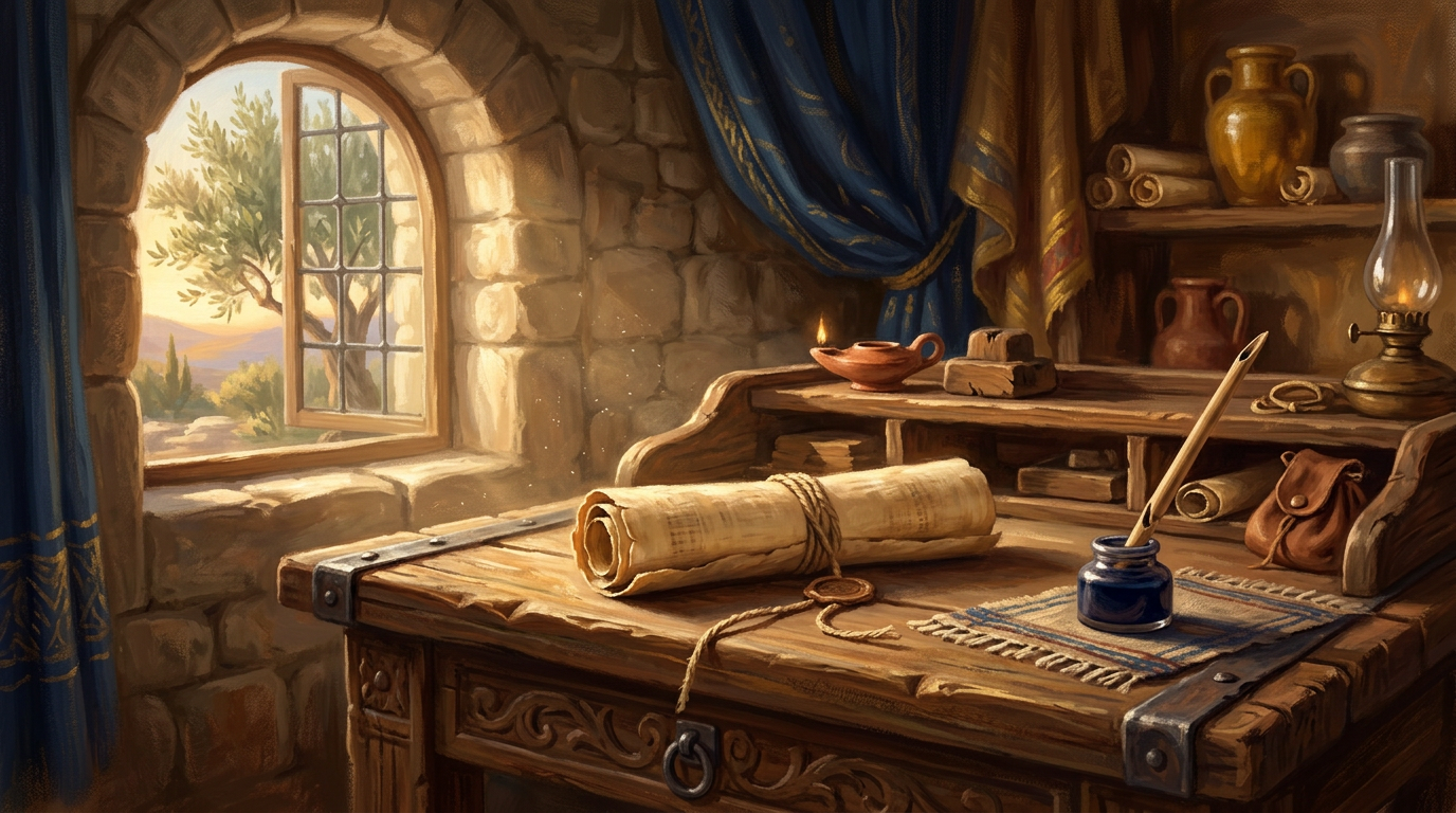 An ancient writing desk with a papyrus scroll, reed pen, and inkwell in a warm, historic setting.