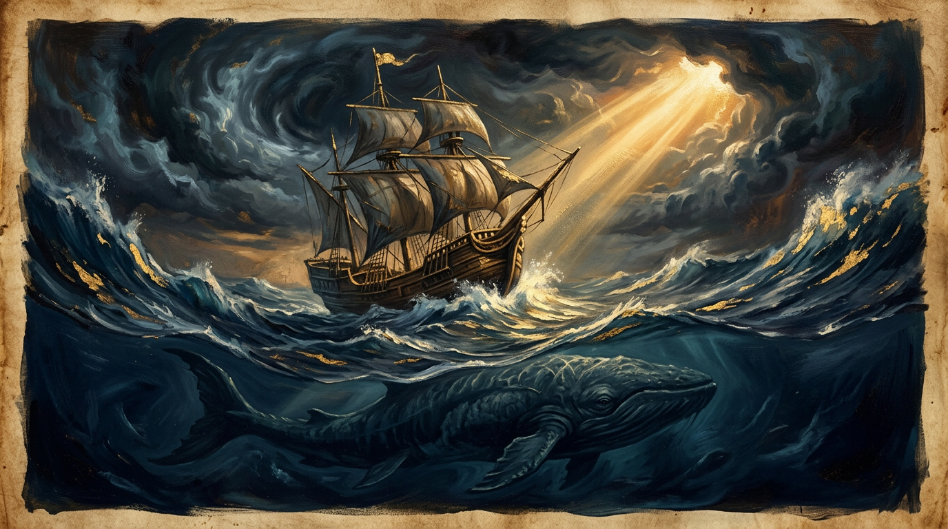 An ancient ship struggling against a powerful storm at sea with a large fish silhouette beneath the waves.