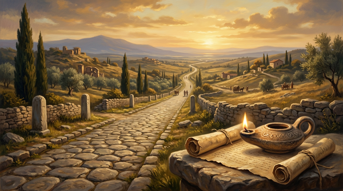 An ancient stone lamp resting on a parchment scroll beside an old Roman road at sunset in a classical painting style.