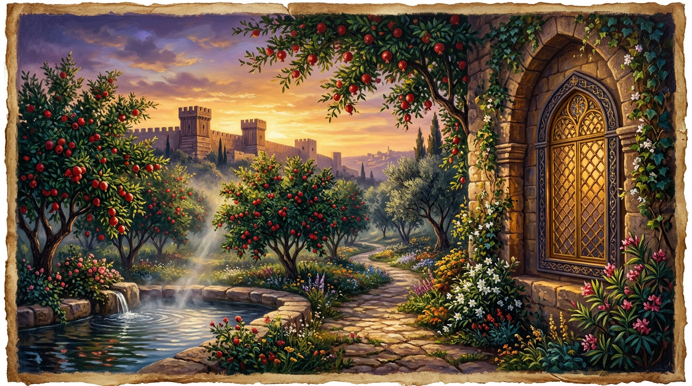 An oil painting of a biblical garden with pomegranate trees and cedar structures under a golden morning sky.