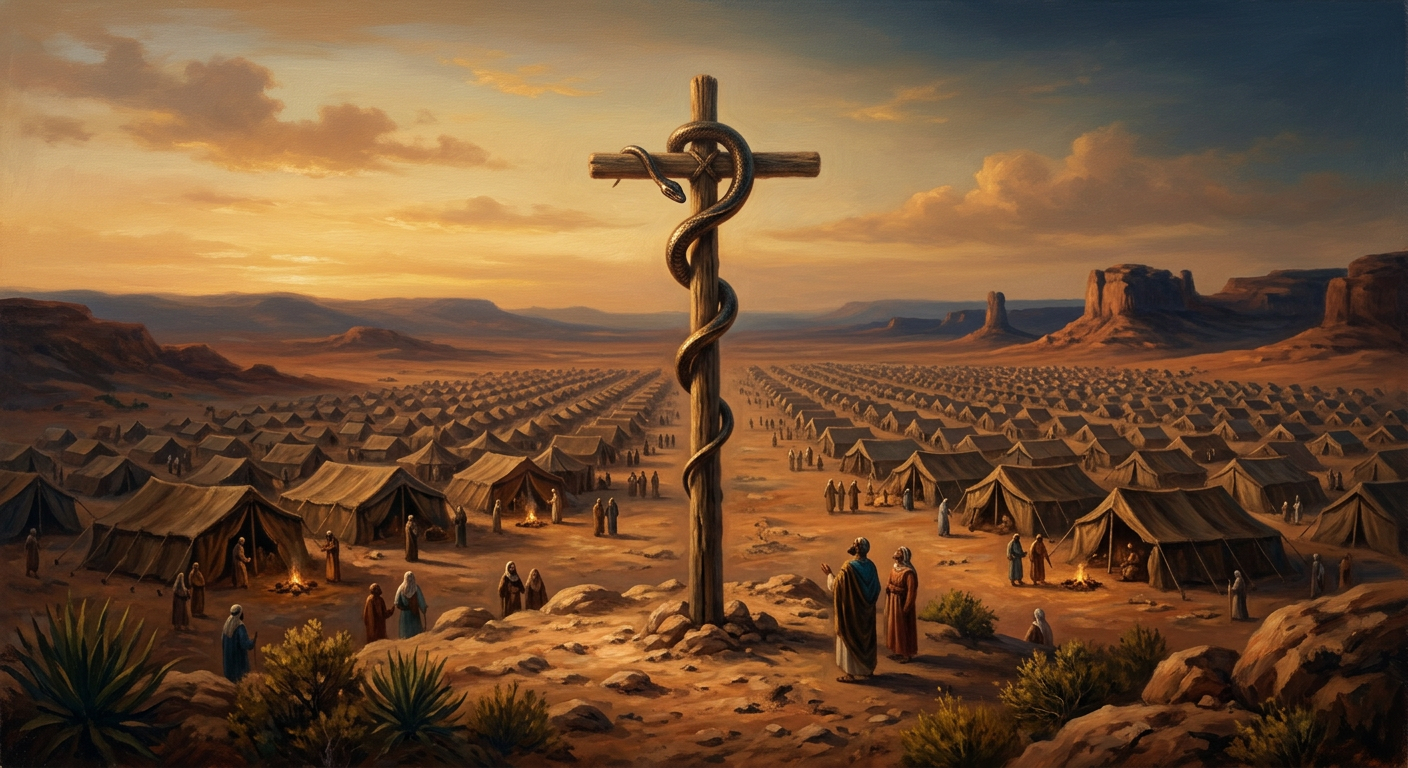 A bronze serpent on a wooden pole standing in a desert camp under a golden sunset, representing a key moment from the Book of Numbers.