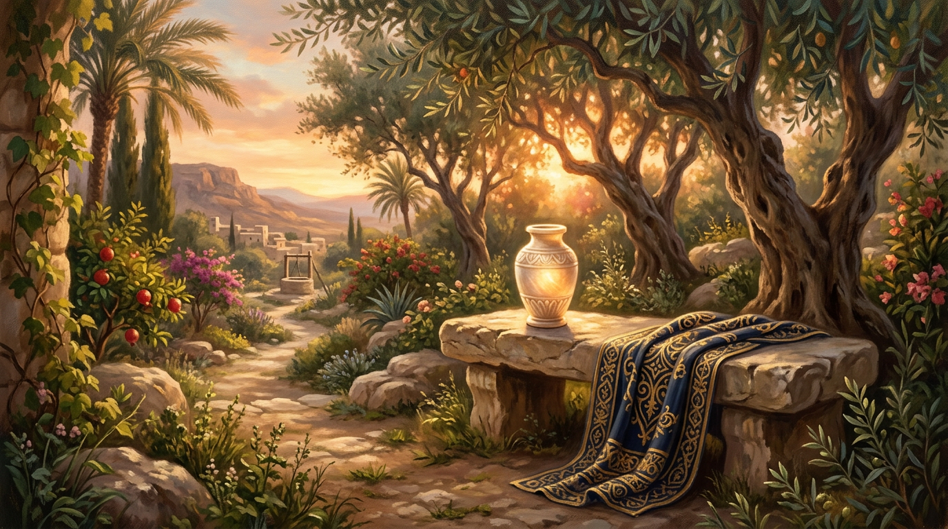 An ancient alabaster jar sitting on a stone bench in a serene biblical garden during sunset.