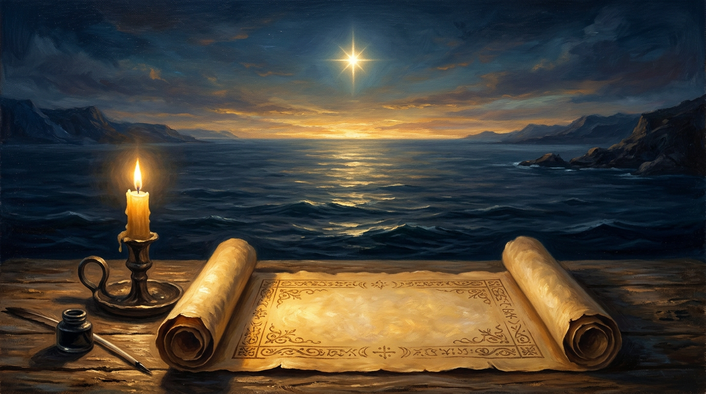 An ancient wooden table with a glowing candle and a morning star rising over the horizon, representing 2 Peter 1:19.
