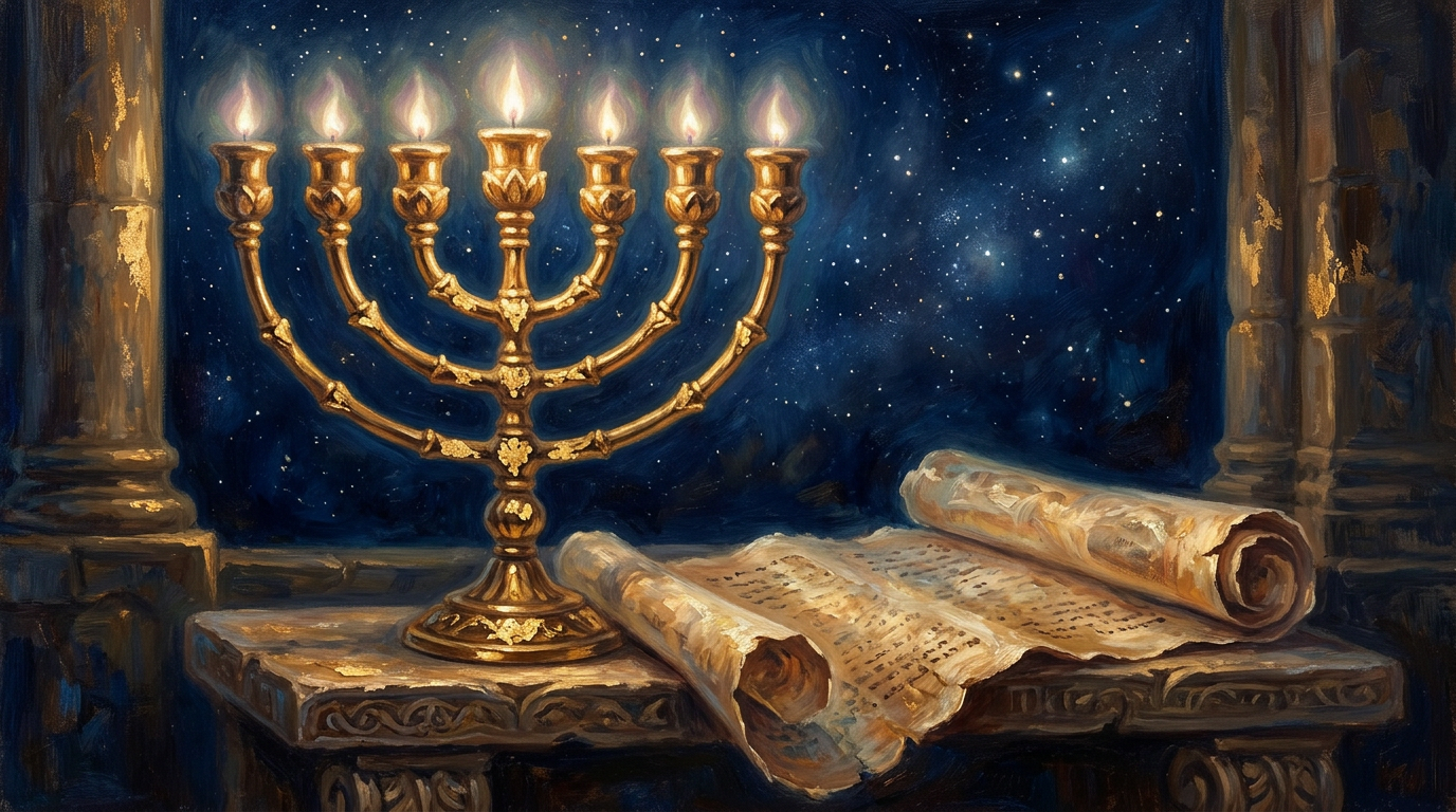An artistic representation of a golden seven-branched lampstand beside an ancient unfurled scroll under a starry sky.