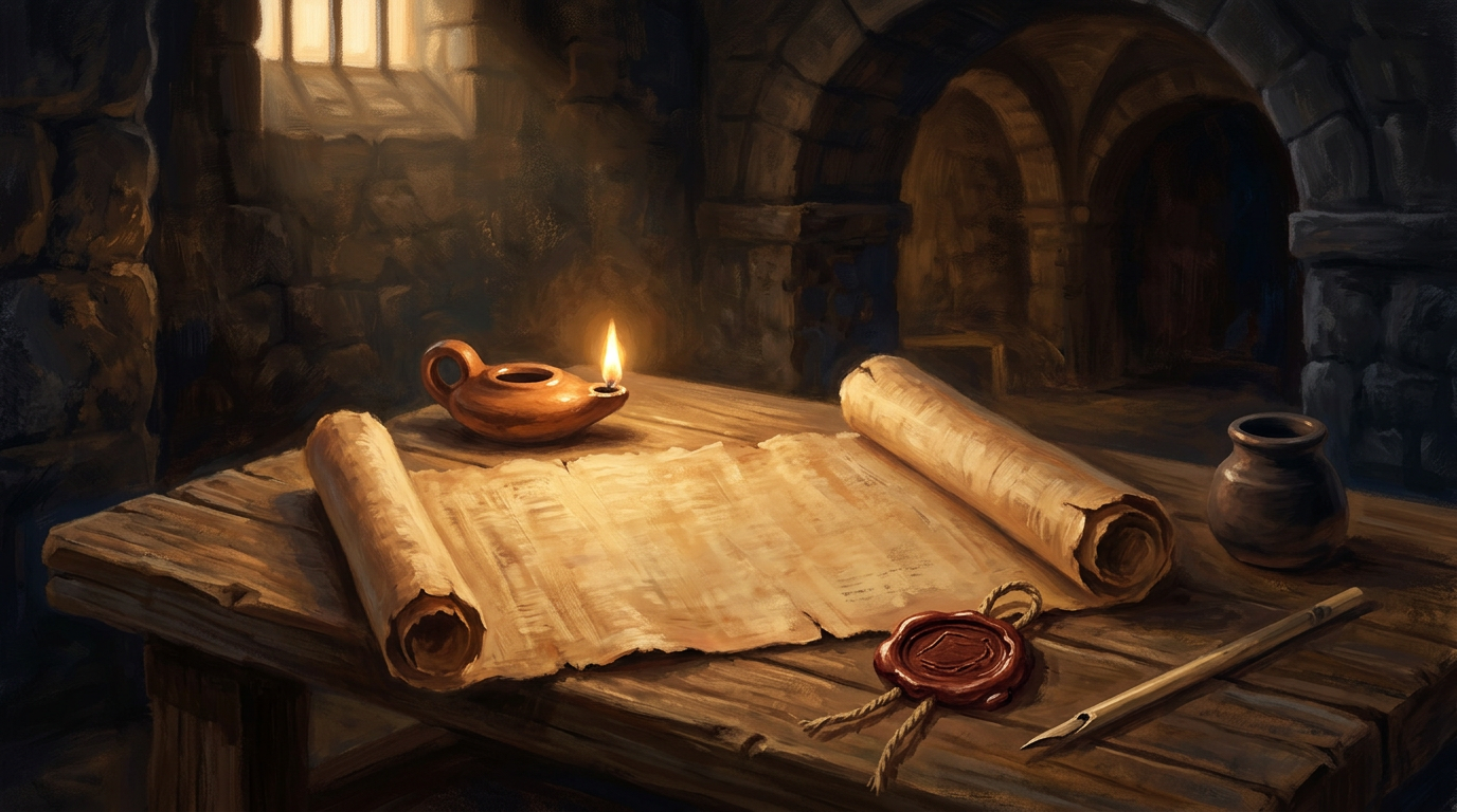 An ancient scroll and inkwell on a wooden table, symbolizing the letter written by Paul to Philemon.