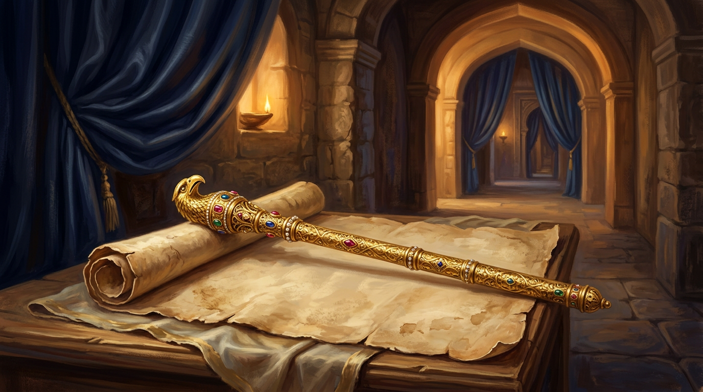A golden royal scepter resting on an ancient scroll against a backdrop of deep blue Persian tapestries in a palace.