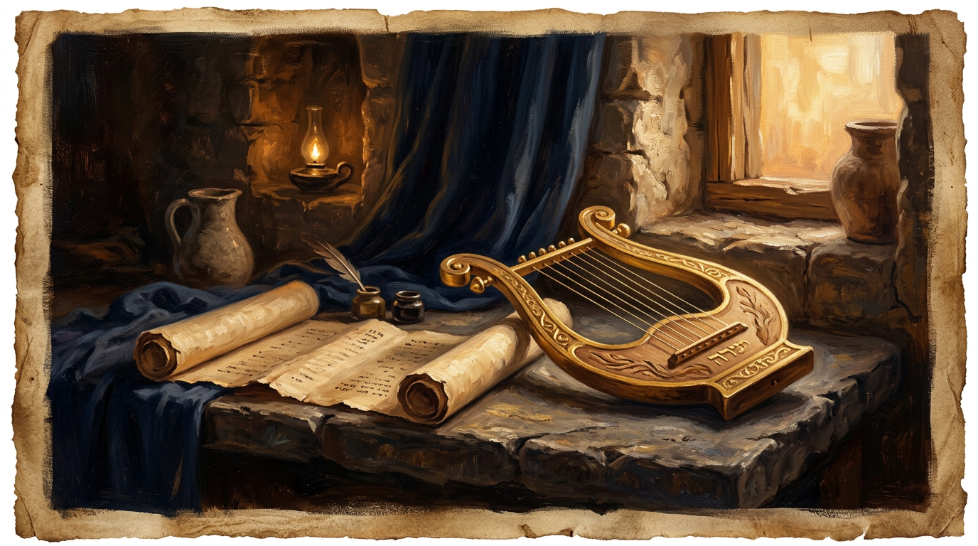 A golden ancient lyre and an open scroll on a stone surface bathed in warm, soft light.