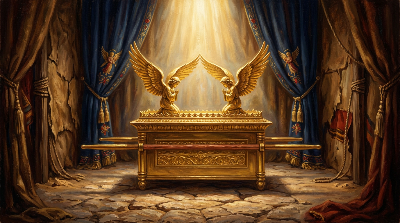 A golden ark with winged cherubim set against deep blue curtains in a sacred desert tent setting.