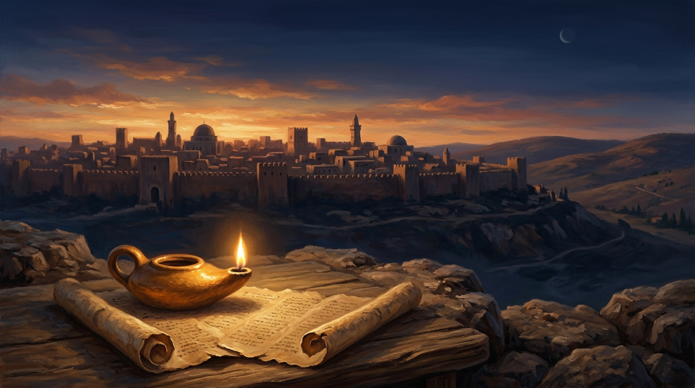 A golden oil lamp resting on an ancient scroll with a sunset view of Jerusalem in the background.