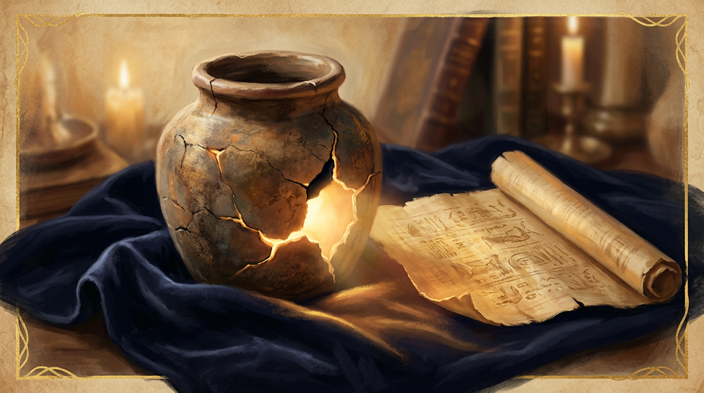 An ancient glowing clay jar sitting next to a papyrus scroll in a warm, artistic biblical setting.