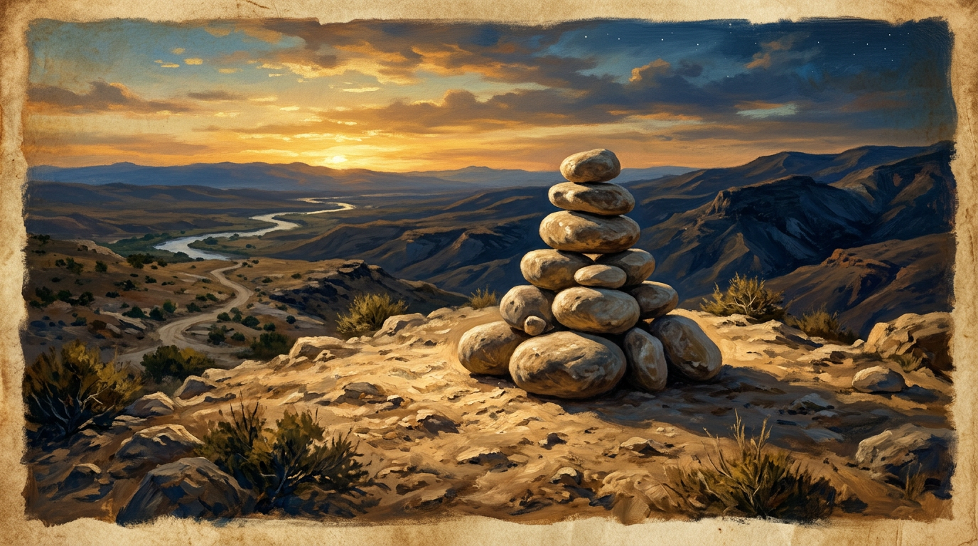 Twelve memorial stones stacked at Gilgal under a golden sunset, representing the crossing of the Jordan River in Joshua.