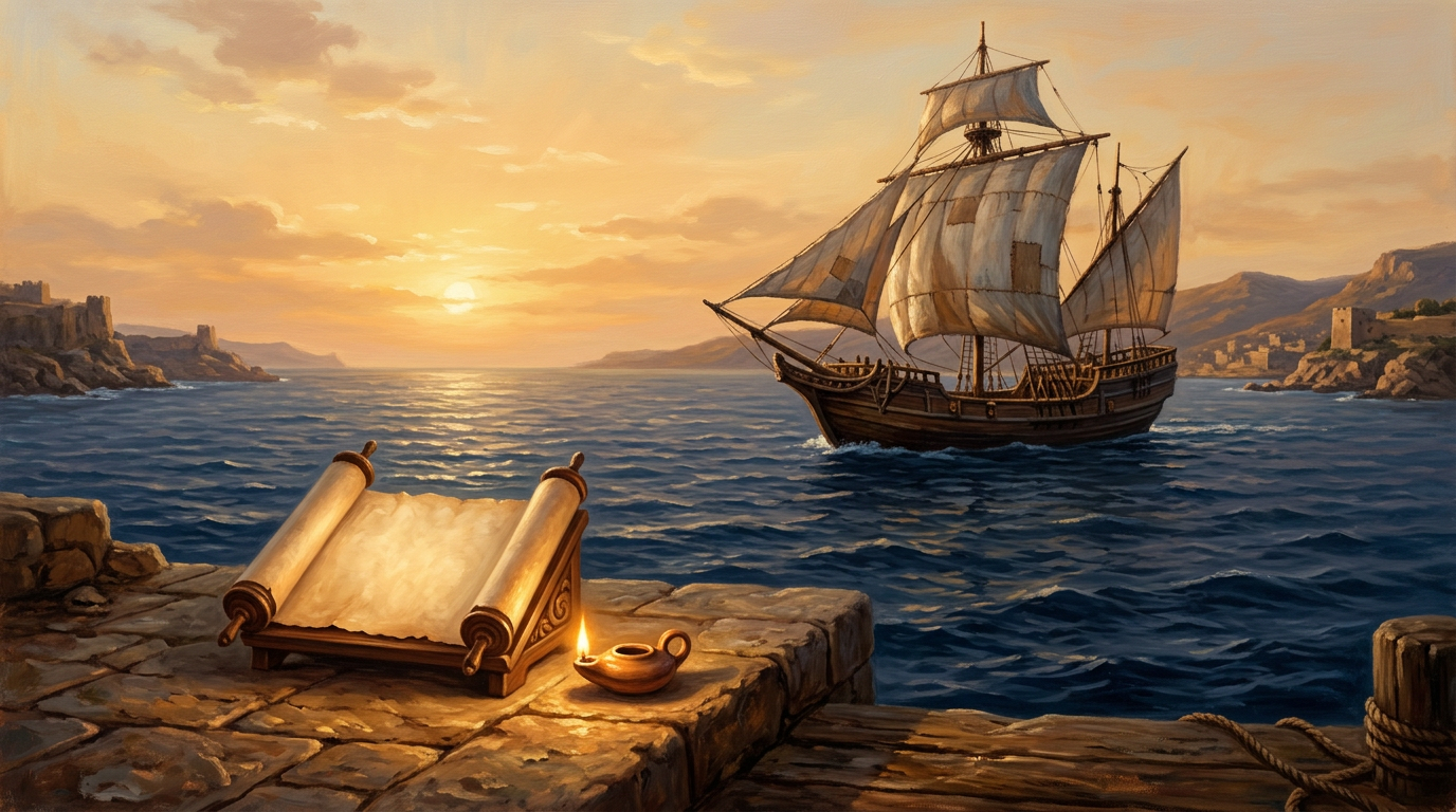 An ancient ship on the sea next to a glowing scroll and oil lamp, representing the missionary journeys in Acts.