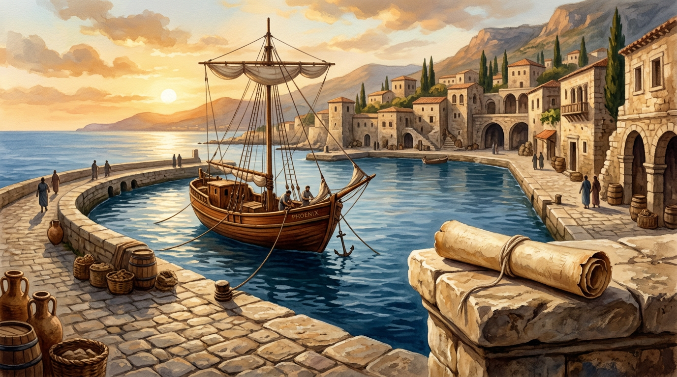 An ancient stone pillar with a scroll overlooking a Mediterranean harbor in Crete under a golden sunset.