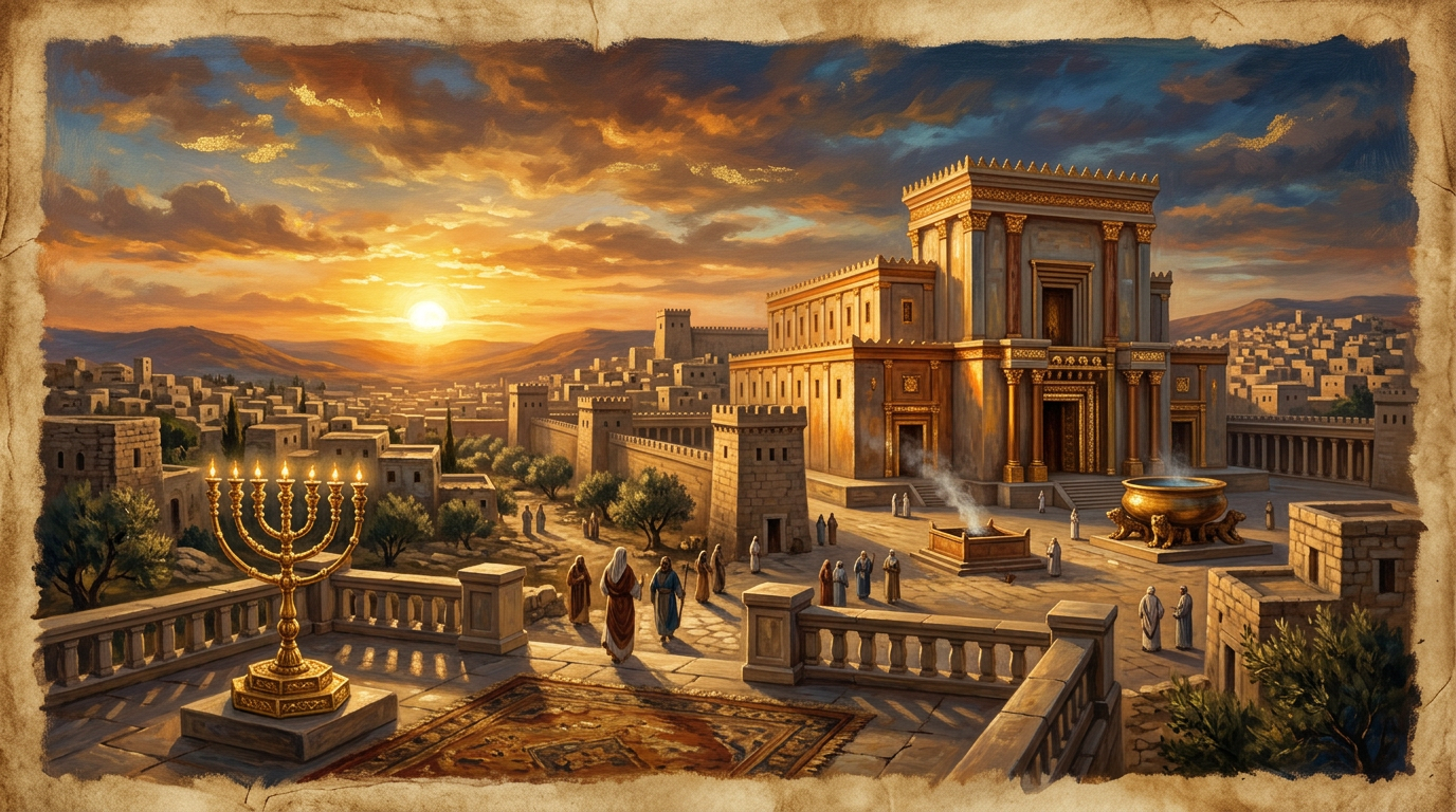 A golden, regal depiction of Solomon’s Temple with glowing oil lamps and cedar architecture in rich biblical tones.