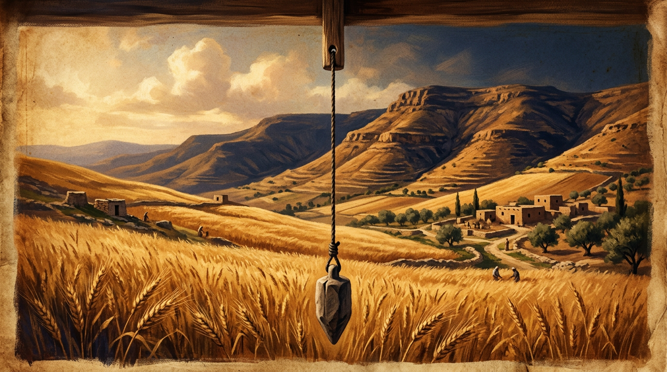 A traditional builder's plumb line suspended over a rustic harvest field, symbolizing the divine standard in the book of Amos.