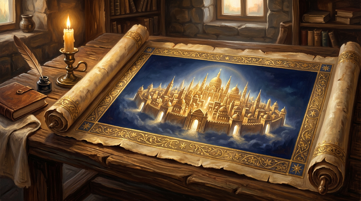An ancient scroll displaying a golden city descending from the heavens, illuminated by warm candlelight in a painterly style.
