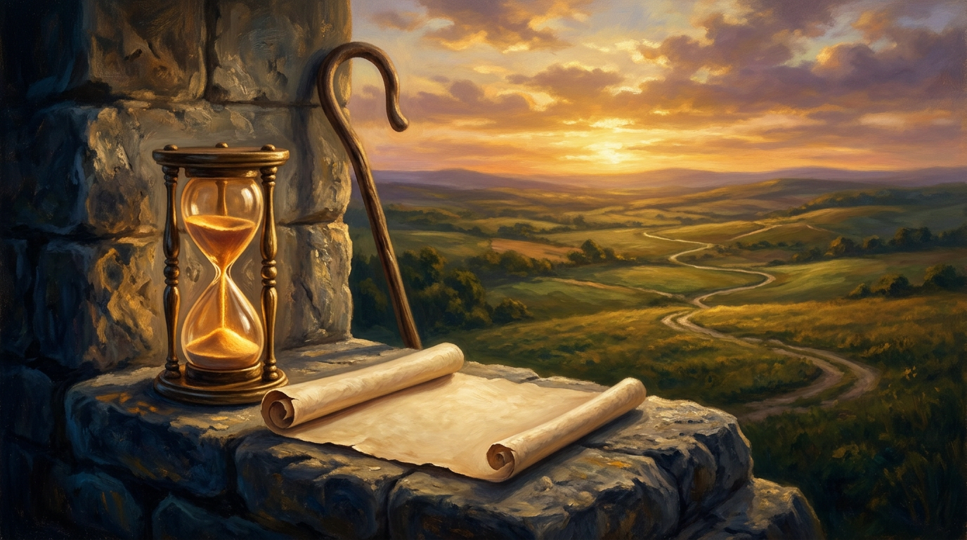 An ornate hourglass and an open scroll on a stone ledge during a golden sunset, symbolizing the seasons of life in Ecclesiastes.