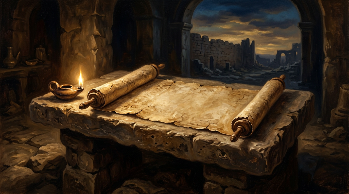 An ancient weathered scroll resting on a stone surface under soft golden lamplight, representing the Book of Lamentations.