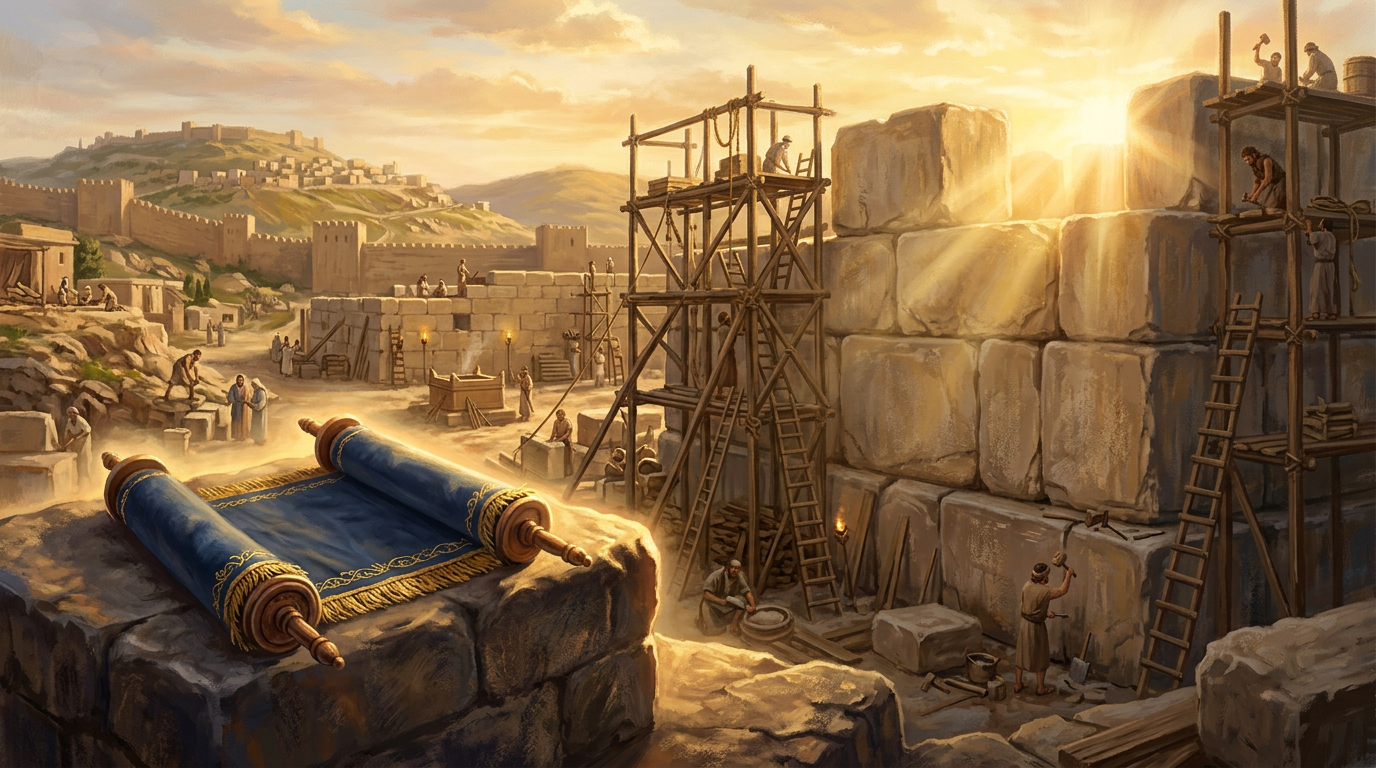 Golden sunlight illuminating the ancient stone foundations of the Jerusalem Temple with a scroll nearby.
