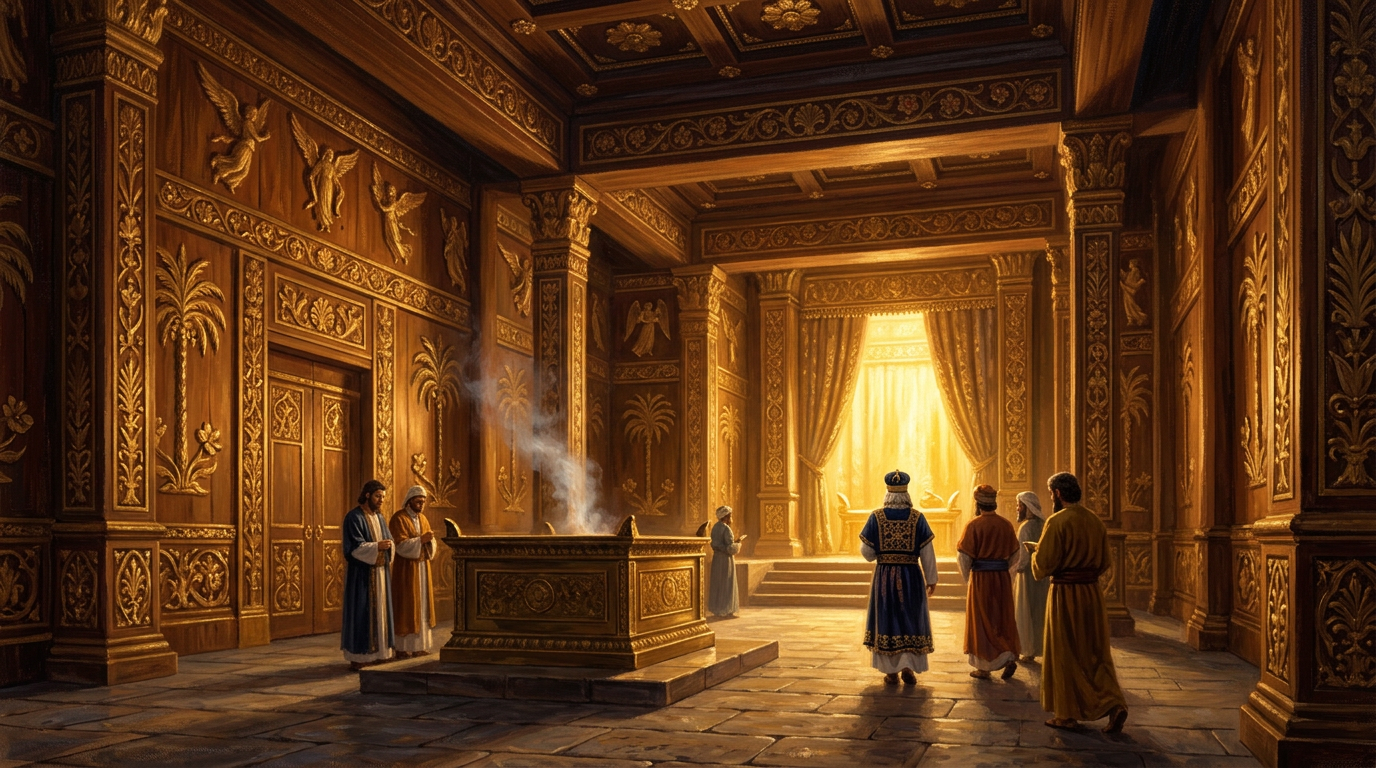 A peaceful and majestic illustration of the interior of Solomon's Temple with golden light and rich historical details.
