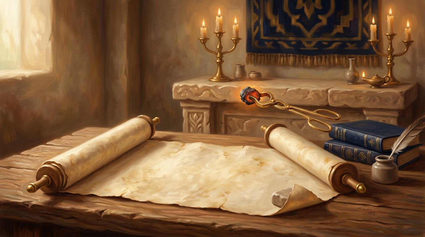 An ancient Hebrew scroll on a wooden table with a glowing coal on a stone altar in the background.
