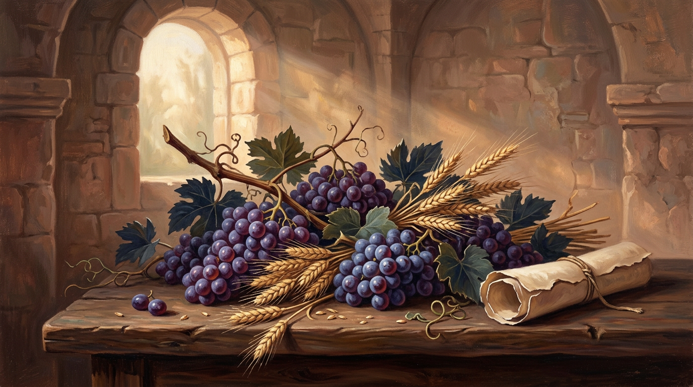 A peaceful biblical scene featuring a grapevine, wheat, and an ancient scroll on a wooden table under soft golden light.
