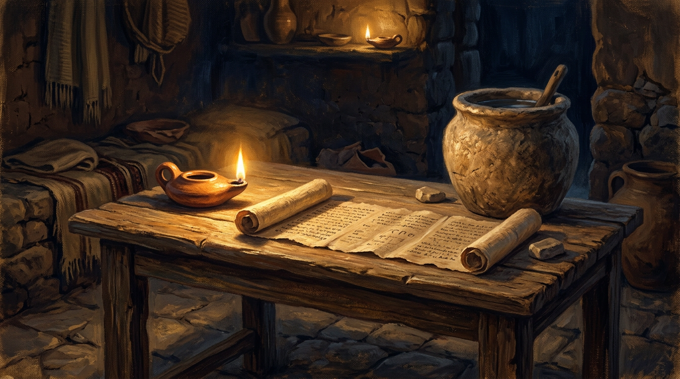 A peaceful biblical scene featuring a stone water jar and an ancient scroll illuminated by the soft glow of an oil lamp.