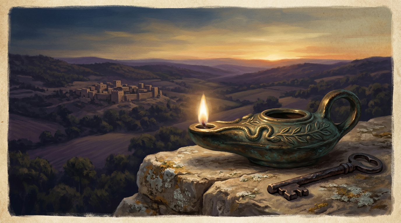 An ancient bronze oil lamp and a heavy iron key resting on a stone ledge overlooking a misty biblical valley.