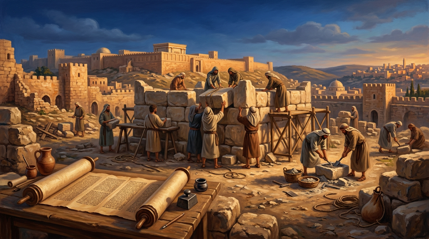 A peaceful biblical scene showing a stone altar and an open scroll amidst the reconstruction of the Jerusalem temple.