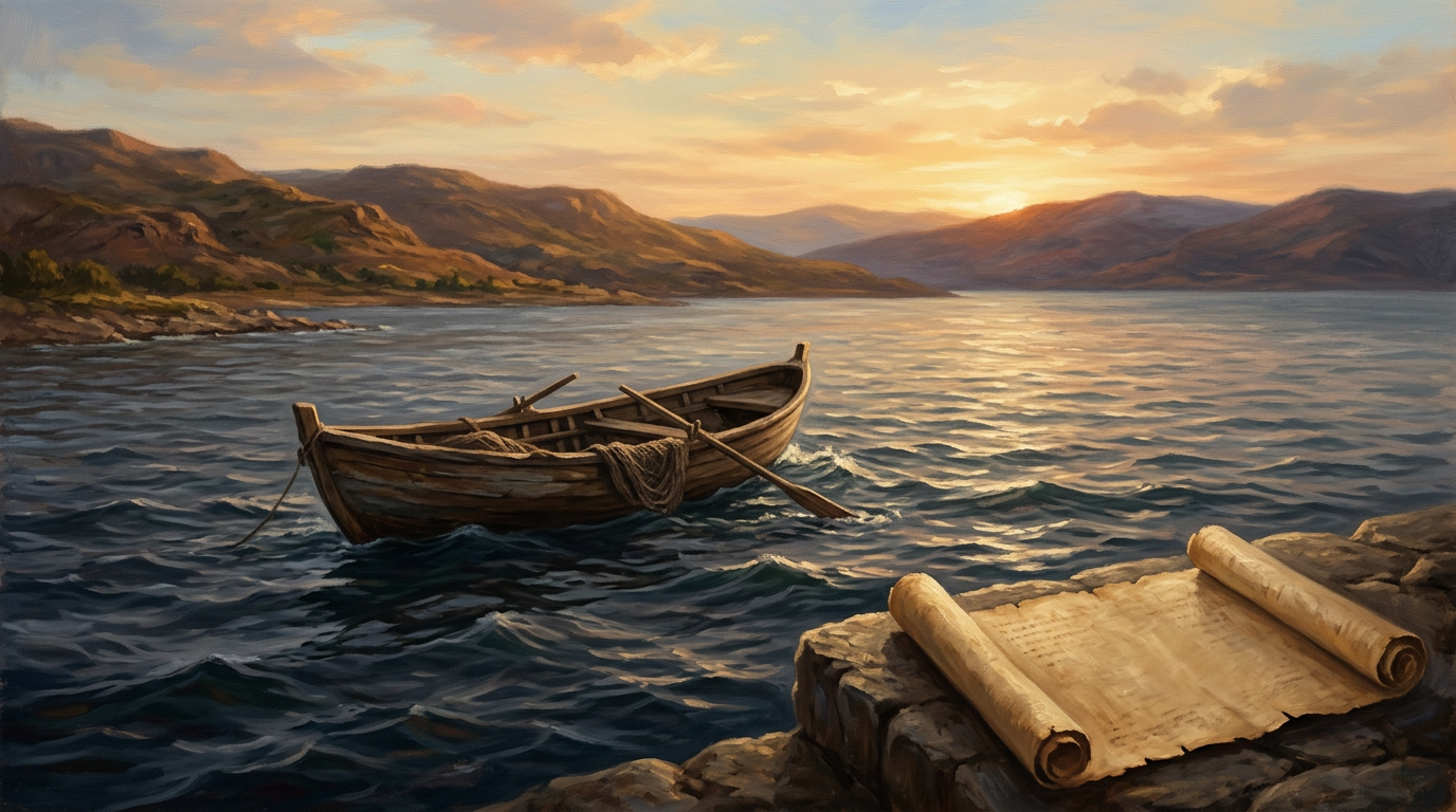 A serene biblical scene with a small wooden fishing boat on the Sea of Galilee and an ancient scroll.