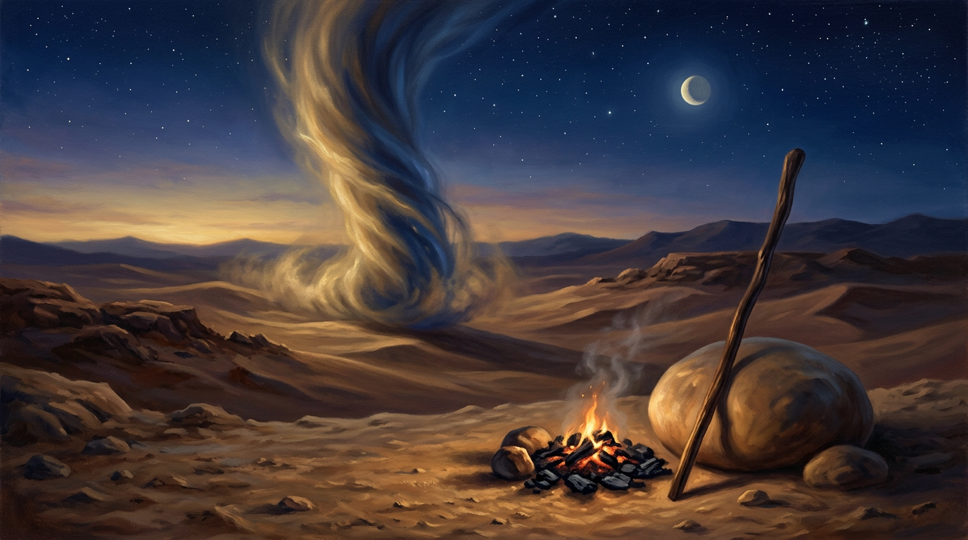 A majestic whirlwind in a desert at night, symbolizing the divine presence in the Book of Job.