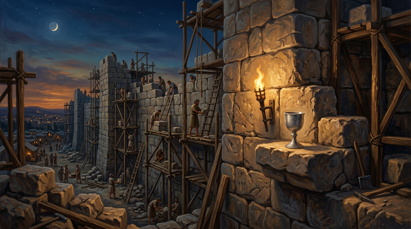 A detailed oil painting showing a stone wall being rebuilt in ancient Jerusalem with a silver cup resting on a ledge.