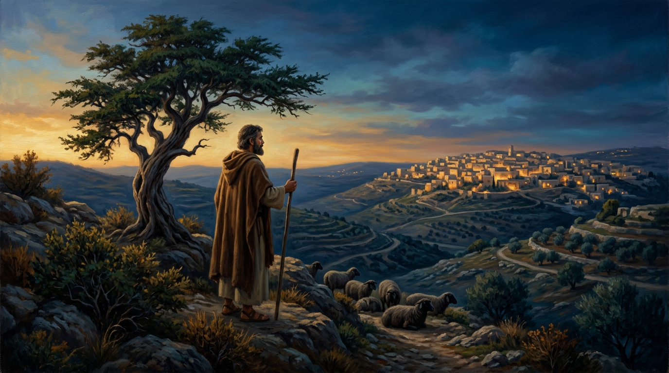 A peaceful biblical landscape at twilight showing a distant glowing village under a starry sky in the Judean hills.