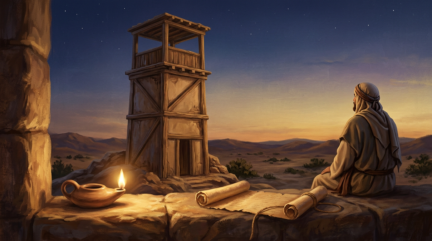 A serene, painterly illustration of a stone watchtower at twilight with a glowing oil lamp and a parchment scroll.