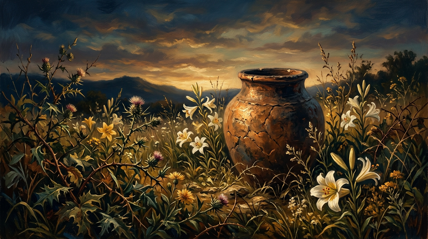 A golden-lit clay jar in a field of lilies and thorns, symbolizing the prophetic themes of the Book of Hosea.
