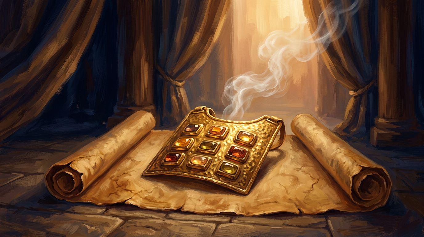 A golden priestly breastplate with colorful gemstones resting on an ancient scroll with soft incense smoke.