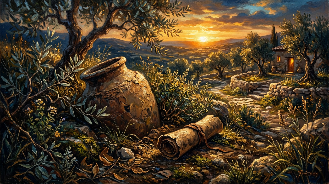 An ancient pottery jar and a parchment scroll resting in a garden under a warm golden sunset, symbolizing Jeremiah's prophecies.