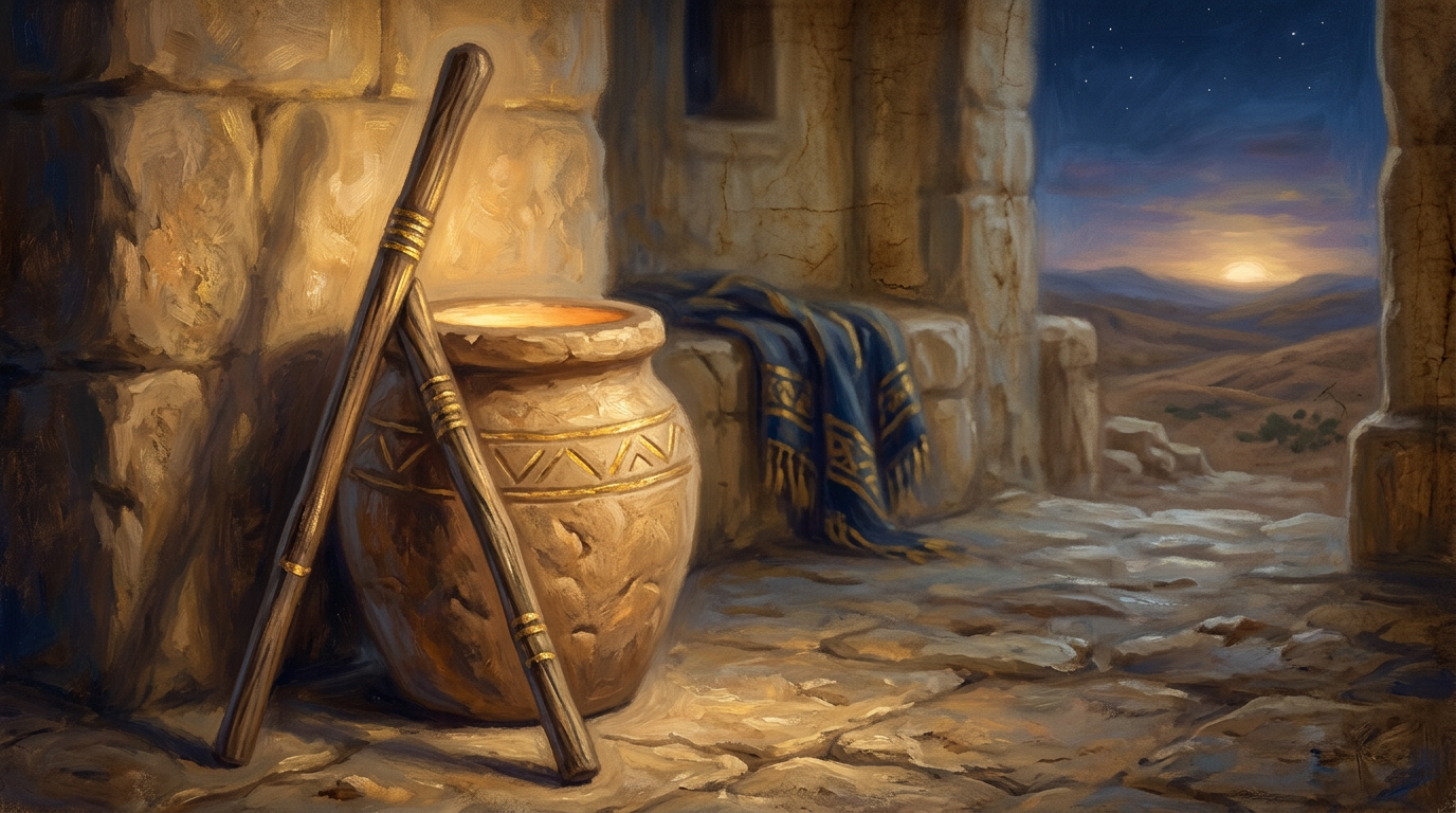 An ancient stone jar glowing with golden light next to a wooden staff on a parchment-textured background.