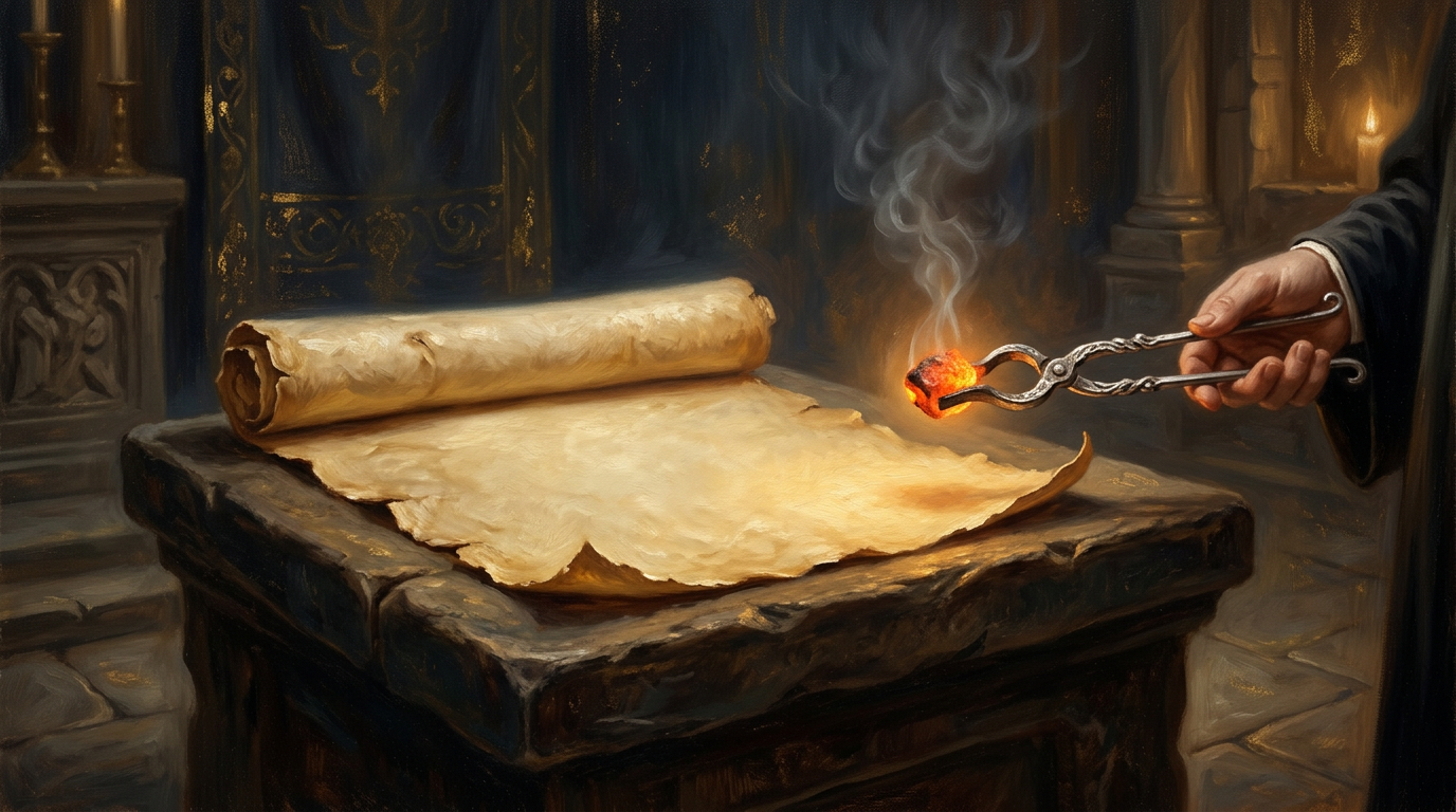 An ancient glowing scroll on a stone altar with a burning coal, representing the prophetic calling of Isaiah.