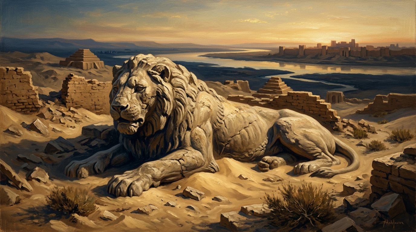 An artistic oil painting of a weathered stone lion by a river at sunset, representing the ancient city of Nineveh.