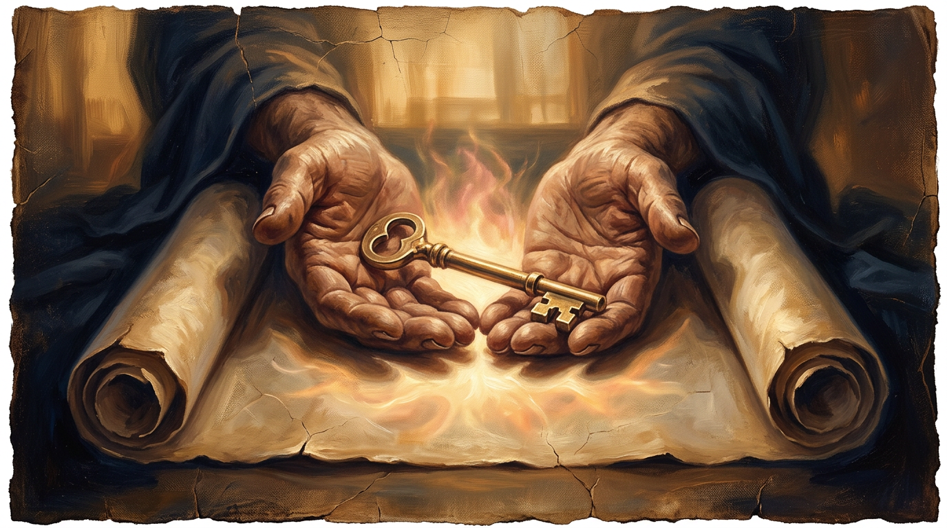 An artistic representation of an ancient scroll and a golden key, glowing with warm celestial light against a dark background.