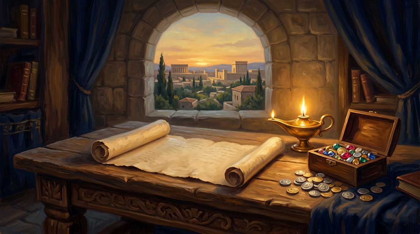 An ancient open scroll illuminated by a golden lamp next to a box of precious jewels, symbolizing the value of wisdom.