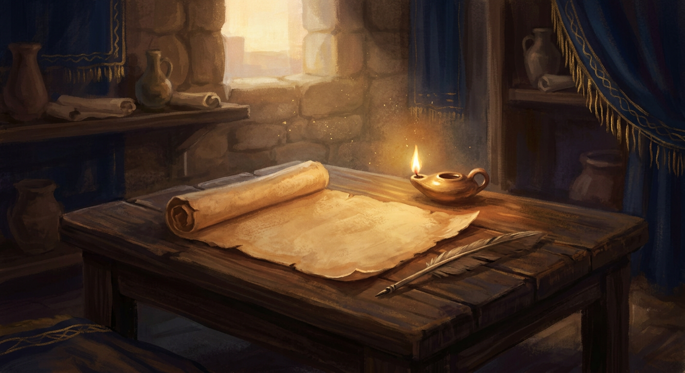 A glowing oil lamp and an ancient parchment scroll resting on a wooden table, symbolizing Paul's letter to Timothy.