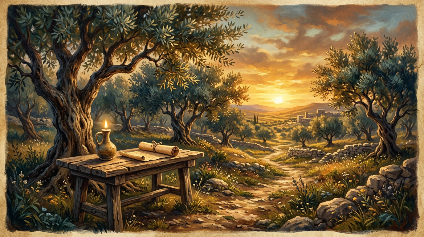 An ancient papyrus scroll and a glowing oil lamp resting on a wooden table in a peaceful olive grove at dusk.