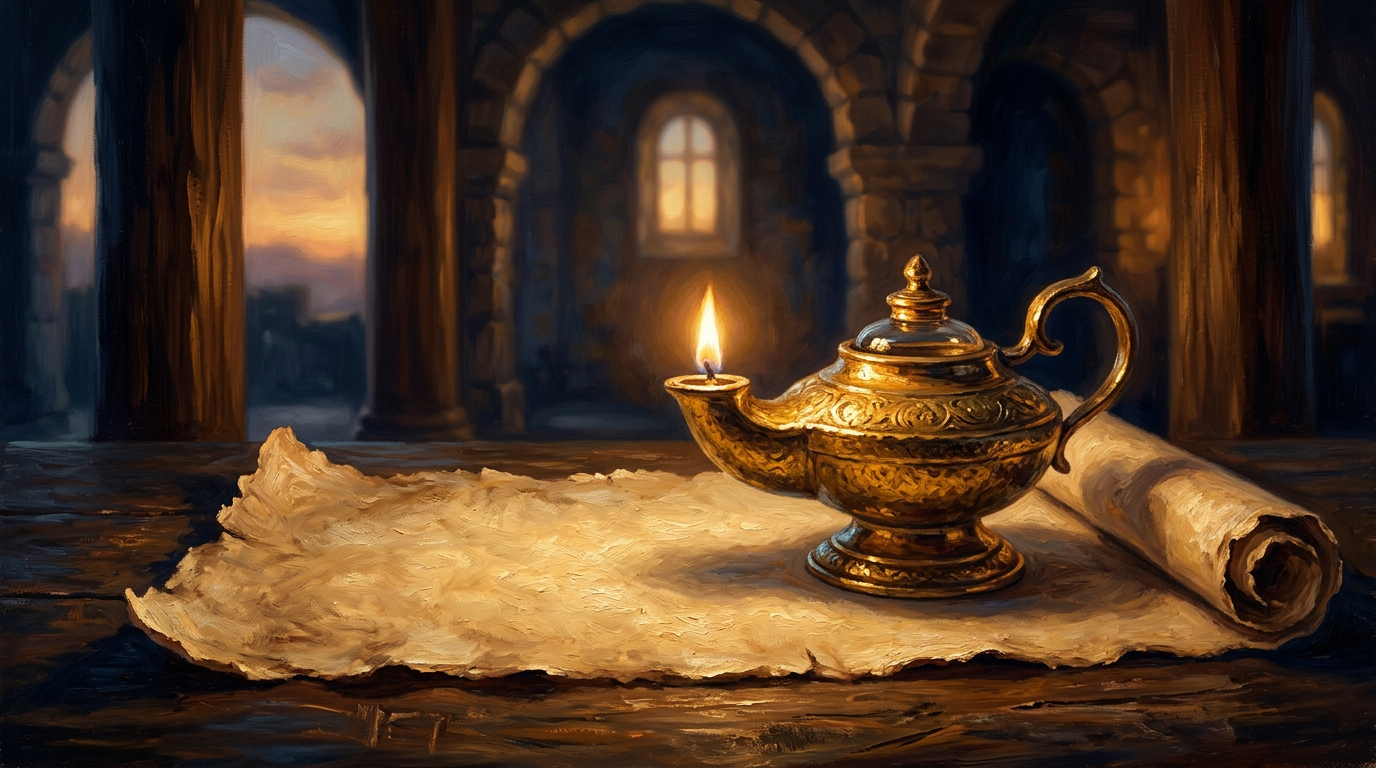 A golden oil lamp resting on an ancient parchment scroll, symbolizing the light of wisdom in the Book of Proverbs.