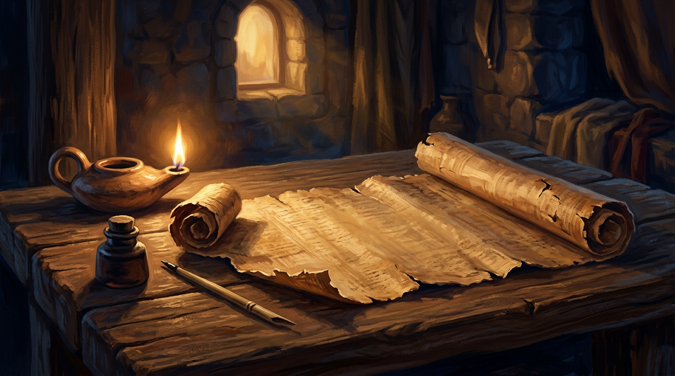An ancient papyrus scroll and a glowing oil lamp on a wooden table, representing the letter of 2 John.