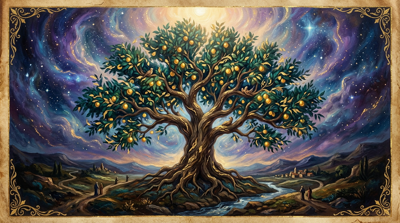 An artistic oil painting of a majestic tree symbolizing life and creation, set against a celestial night sky.