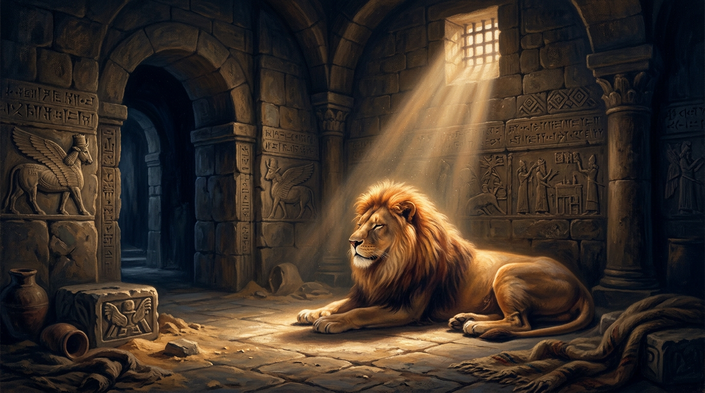 A peaceful lion resting in a sunlit stone den, representing the biblical story of Daniel's protection.